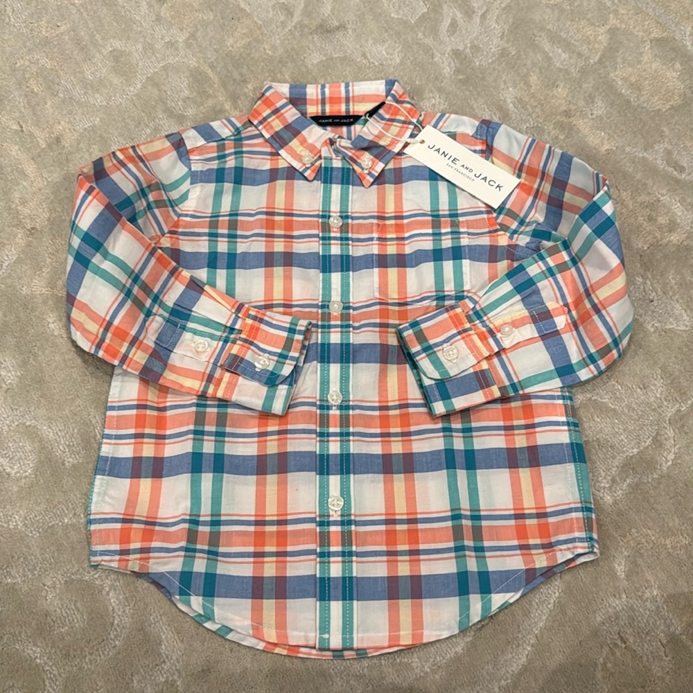 NWT Janie and Jack, long sleeve button-down, green, orange and blue plaid shirt